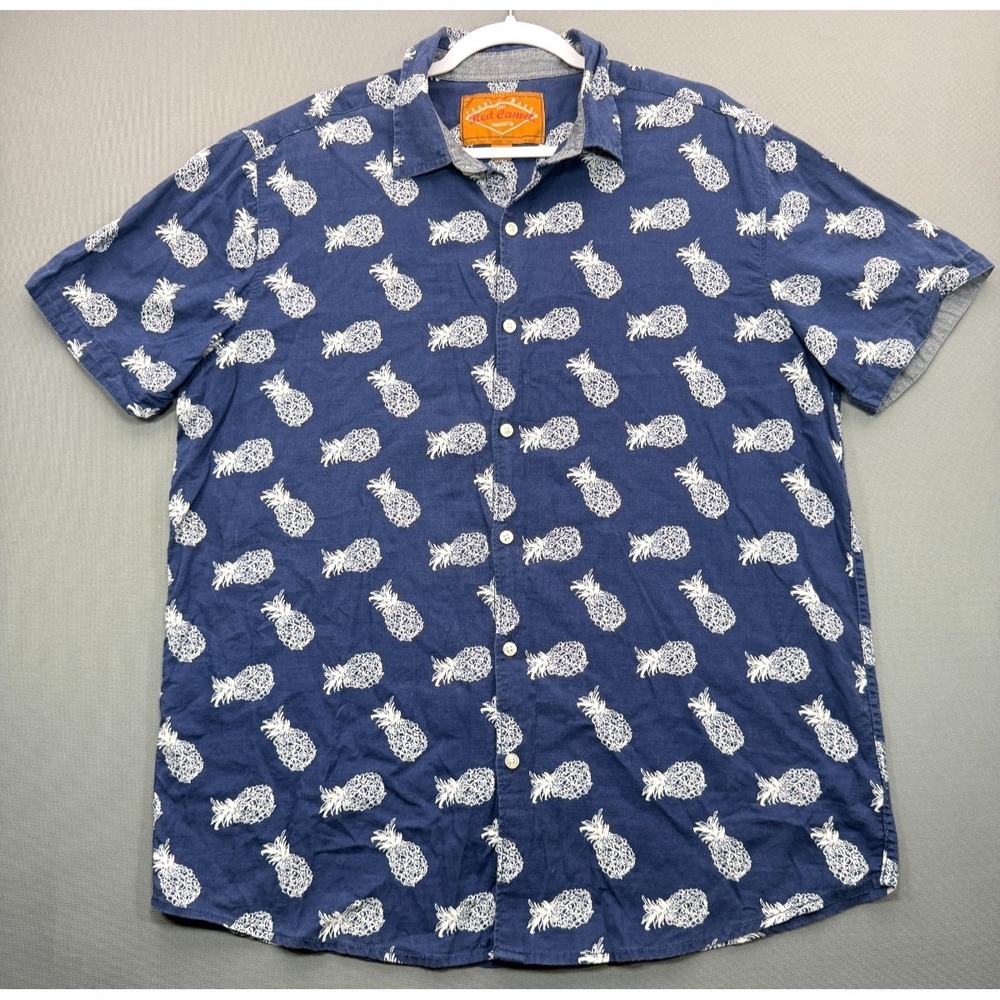 Red Camel Pineapple Print Short Sleeve Button-Up Shirt Navy Blue Casual Men XL